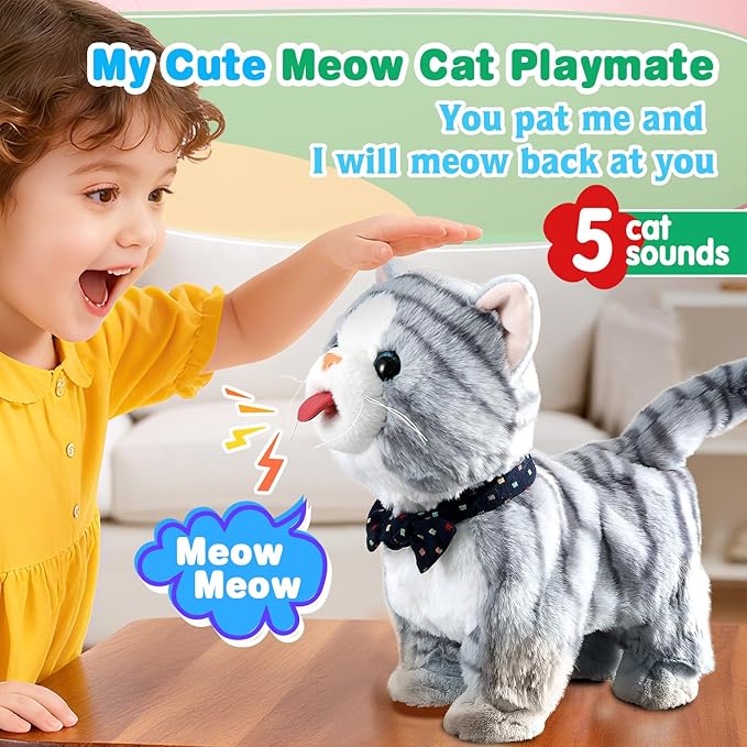 Gray Leash Walking Cat Set Toy Interactive Talking Cat Singing Dancing Kitten Mimicking Repeat What You Say Kitty Touch and Voice Control Nodding Wagging Tail Plush Electric Robot for Kid Girl