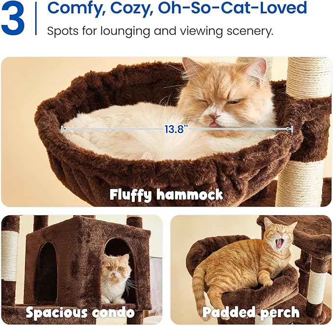 MWPO Extra Large Cat Tree - 70.1-Inch Tall Cat Tower with 3 Cat Condos, Multi-Level Cat Stand for Large Cats Featuring Scratching Posts, Padded Perches, Hammock, Dangling Toys, Brown