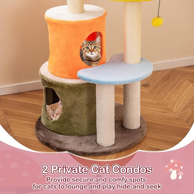 PETSITE Mushroom Cat Tree, Multi-Level Cute Cat Tree Tower with Sisal Scratching Posts, Cat Condo, Soft Plush Perches, and Dangling Toys for Indoor Cats (43 Inch)