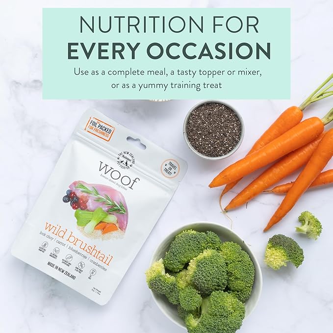 The New Zealand Natural Pet Food Co. Woof Freeze Dried Dog Food - Wild Brushtail, High Protein, Complete Diet, Dog Treats, All Life Stages - 1.76 oz