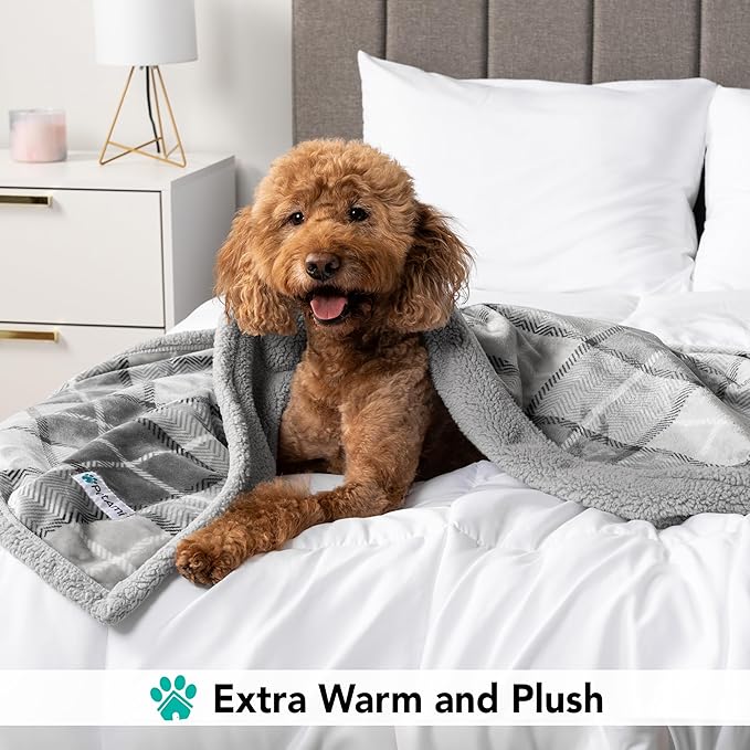 PetAmi Dog Blanket for Medium Large Dogs, Pet Bed Blanket Cat Puppy Kitten, Fleece Furniture Couch Cover Protector Sofa Car, Soft Sherpa Dog Throw Plush Reversible Washable, 40x60 Plaid Light Gray