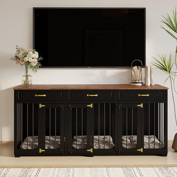 Dog Crate Furniture - Indoor Wooden Dog Kennel Furniture with 2 Dividers, 3 Drawers, and 3 Lockable Doors - 72"x23.6"x31.5"H, Black
