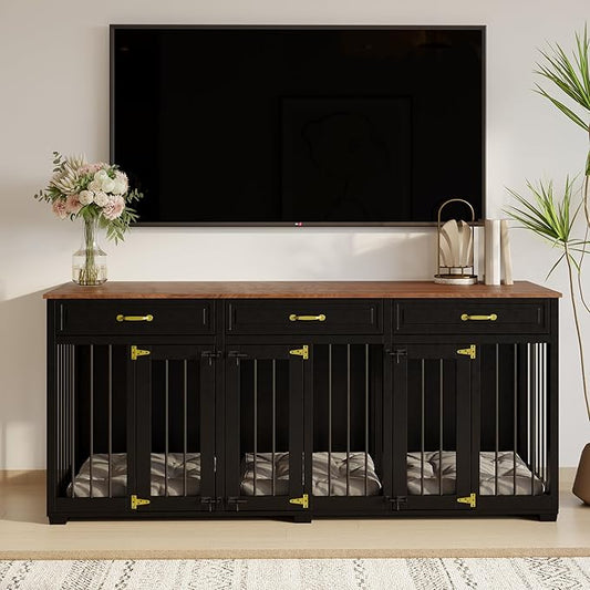 Dog Crate Furniture - Indoor Wooden Dog Kennel Furniture with 2 Dividers, 3 Drawers, and 3 Lockable Doors - 72"x23.6"x31.5"H, Black