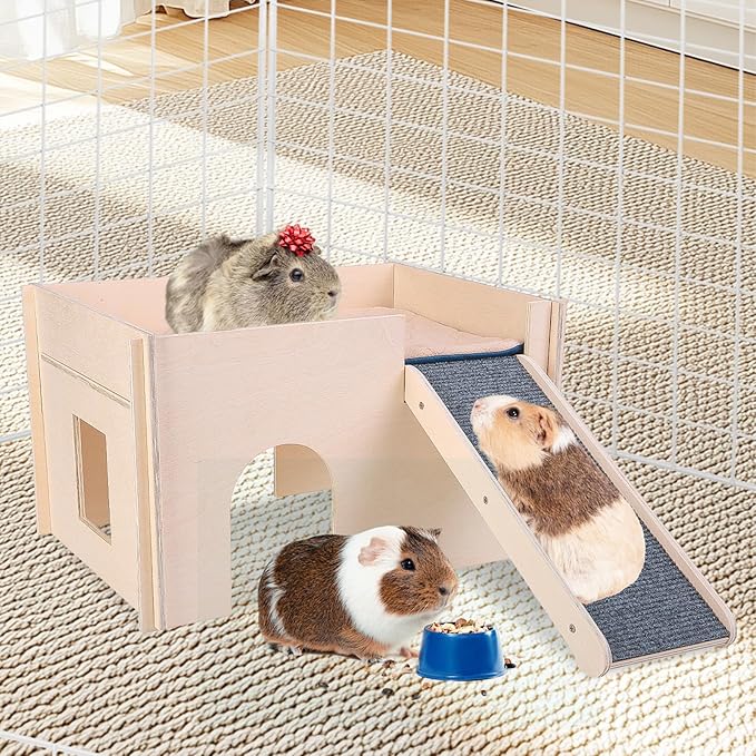 PAWCHIE Wooden Guinea Pig Hideout with Pee Pad Set, Detachable Small Animal House Bed Hut Habitats with Stairs and Windows, Bunny Hideout Castle for Indoor Hamsters Chinchilla Gerbil Playing Hiding