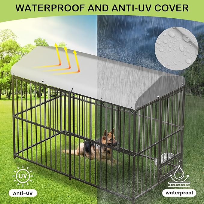 Metal Dog Kennel Outside,8x4x6 FT Heavy-Duty Outdoor Dog Cage with Roof and Lock,Covered Outside Kennel,for Medium and Large Dogs