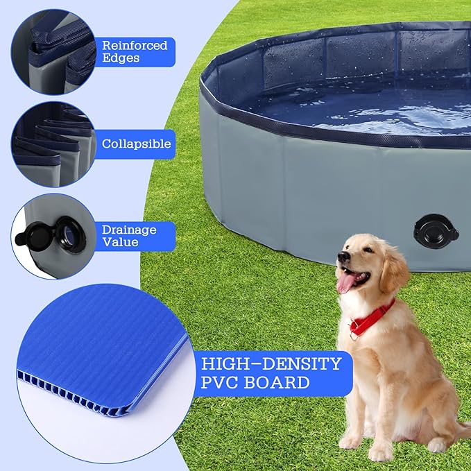 Foldable Dog Pool, Portable Pet Bath Tub and Kiddie Swimming Pool, Collapsible Bathtub for Puppies, Small, Medium and Large Dogs, Cats and Kids, 48 x 12 in, Gray