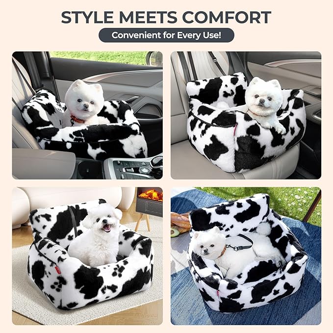BurgeonNest Dog Car Seat for Small Dogs, Detachable and Washable Cat Carseats Under 25 lbs, Soft Pet Booster Seats with Storage Pockets and Clip-On Leash Portable Car Travel Carrier Bed, Milk Cow