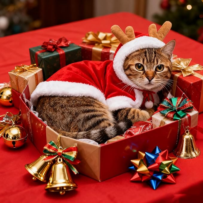 Cat Christmas Costume Reindeer Cloak - Soft Plush Adjustable Cape for Cats & Small Dogs, Warm Holiday Party Dress Up for Xmas Photos, Gift for Pet Lovers