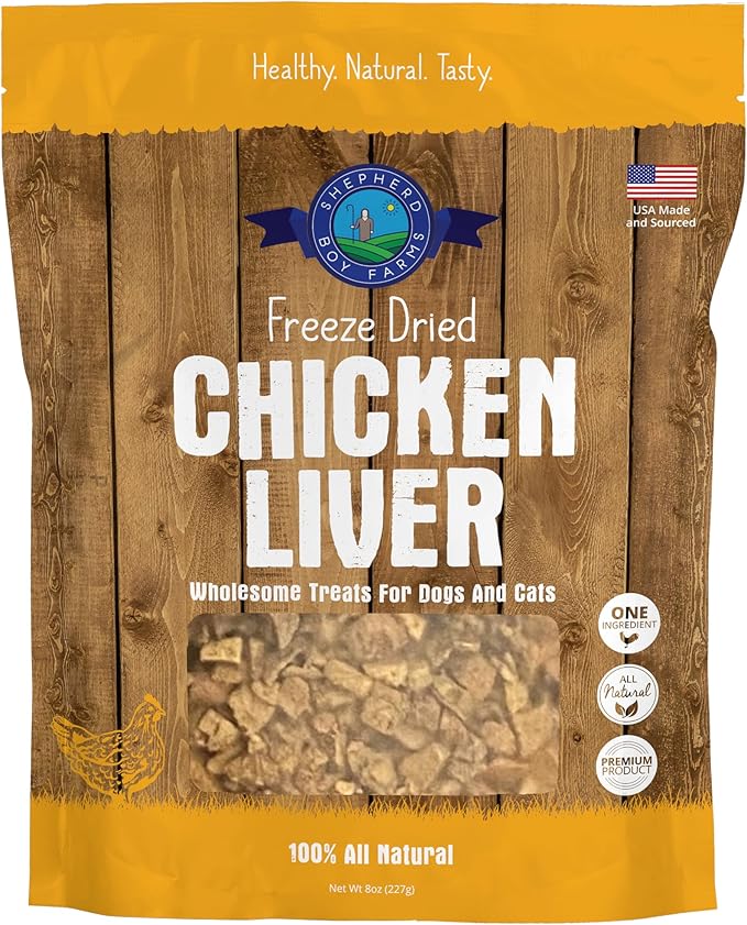 Shepherd Boy Farms Freeze Dried Dog and Cat Treats, Chicken Liver, All Natural Single Ingredient Freeze-Dried Dog Treat & Snacks, Made in USA, High Protein, Essential Nutrition Raw Food, 8oz