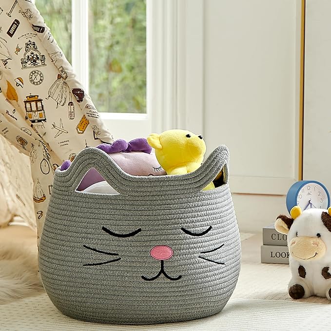 OMERAI Animal Baskets Cotton Rope Storage Basket Woven Toy Basket Large Basket for Blankets Cute Cat Toy Box with Handles Foldable Animal Laundry Basket Nursery Organizer, 15"D x 12.6"H