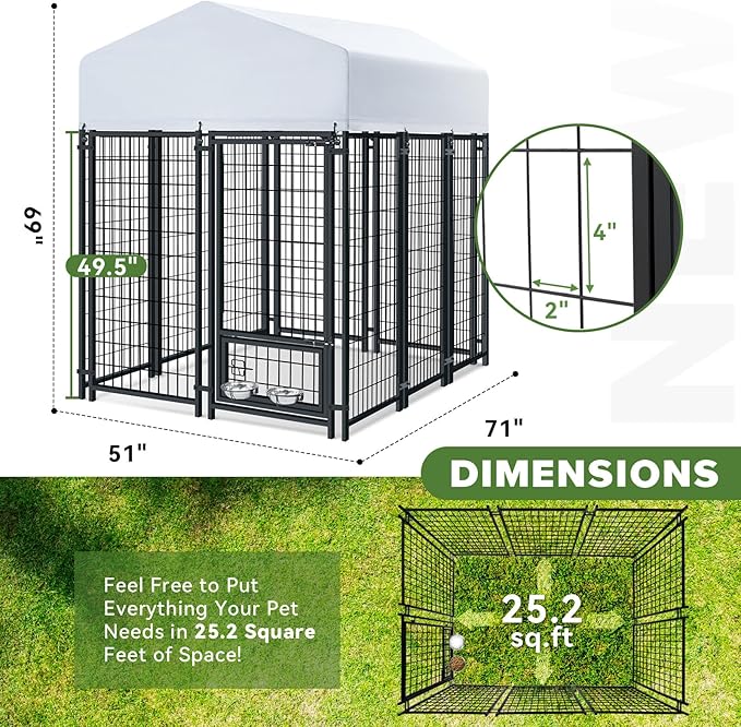 Oranland 6x4x6FT Outdoor Dog Kennel, Heavy Duty Welded Wire Steel Dog kennels with Secure Lock for Outside, Dog Pen with Waterproof Roof Cover and 2 Rotating Dog Bowls