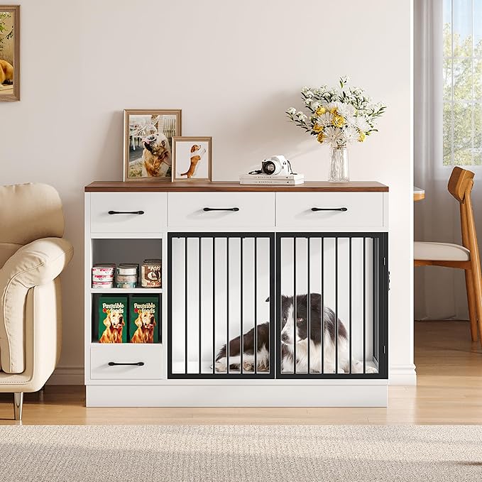 Large Dog Crate Furniture, 47.2'' Dog Kennel Indoor with 3 Storage Drawers and Hidden Feeding Bowl, Sturdy Wooden Dog Crate with 2 Doors and Adjustable Shelf for Small, Medium Dogs