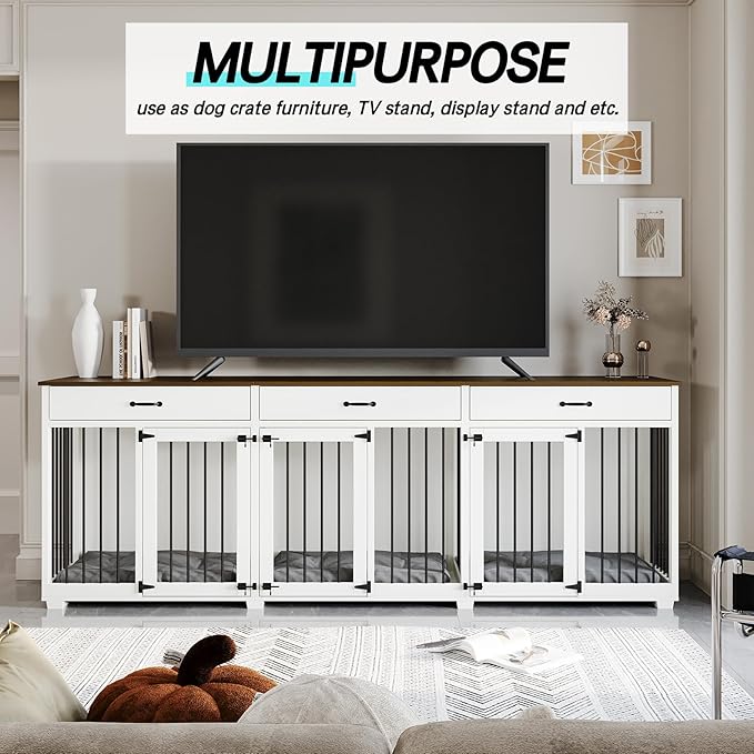 Dog Crate Furniture - Indoor Wooden Dog Kennel Crate Furniture with 2 Dividers, 3 Drawers, and 3 Lockable Doors - 95"x23.6"x31.5"H, White