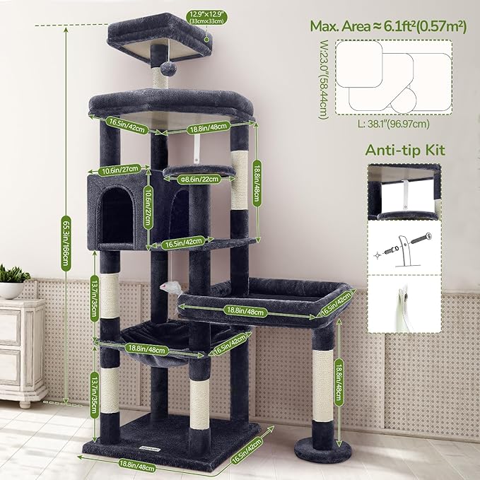 Globlazer Extra Large Platform Cat Tree, 65in Sturdy Cat Scratching Tree for Indoor Cats Large Adult, Big Cat Perch Tower with 3 Padded Perches, 6 Scratching Posts, Cat Condo, Hammock, S65, Dark Grey