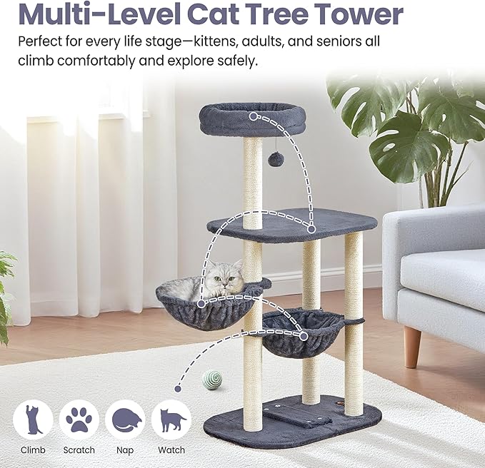 Cat Tree Tower for Indoor Cats Large Adult - 42 Inch Small Cats Condo Bed with Scratching Post Hammock Perch - Medium Multi Level Cat House for 2 Kitty Kitten - Grey Tall Climbing Towers Furniture