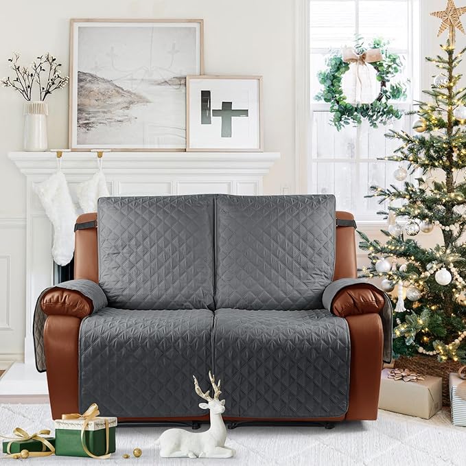 Ruaozz Waterproof Recliner Sofa Cover 1-Piece Couch Covers for Reclining Couches Reclining Sofa Cover Washable Furniture Protector with Elastic Straps Pocket for Kids, Pets (Dark Grey, 2 Seater)