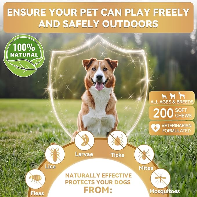 Flea and Tick Prevention for Dogs, 200 Soft Chews for Dog Fleas Ticks Treatment, Natural Dogs Oral Flea Chewables Support Supplement, Flea and Tick Chews for All Breeds & Sizes