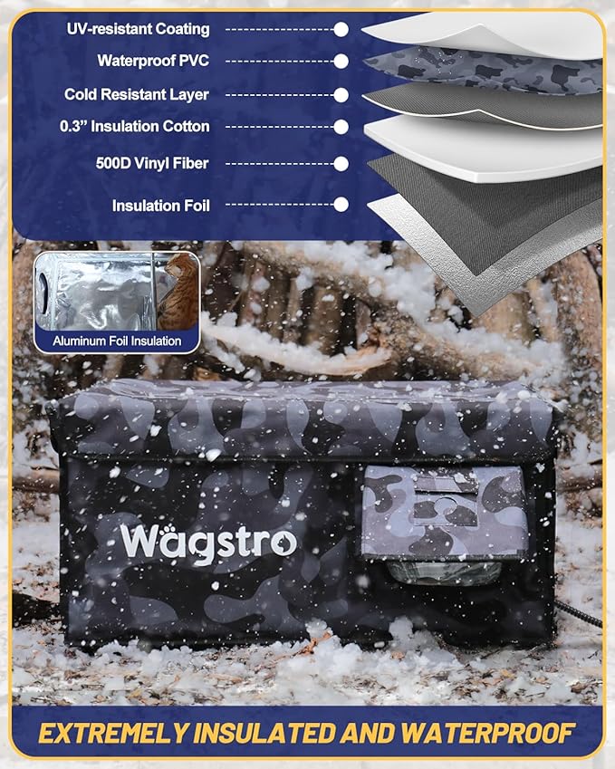 Heated Cat House for Outside, Waterproof Awning & Escape Door Heated Cat Houses for Indoor/Outdoor Cats in Winter, Elevated & Insulated Outdoor Cat Shelter for Feral Cat(Black Camo, 25"x16"x12")