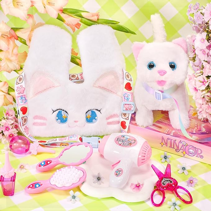 Interactive Cat Toys for Kids with Crossbody Bags, Stuffed Cat Plush with Leash Walking Meow Pretend Play Kitty Robot Pet Toy, Electronic Realistic Cute Stuff for Girls Plushies Toddler Toys