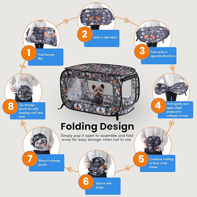 Beatrice Home Fashions Portable, Collapsible, Pop Up Kennel Travel Cat and Dog Crate, 40" L x 27" W x 27" H, Face of Love