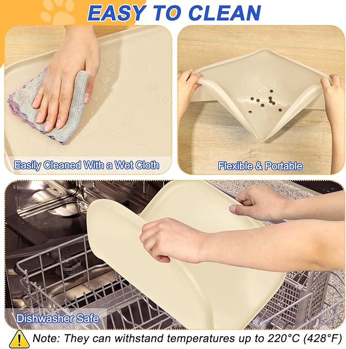 Silicone Pet Feeding Mat with Raised Edge for Food and Water, Dog Bowl Mats, Cat Bowls Placemat with High Lip for Floor Waterproof, Rubber Tray for Cats and Dogs 22 x 14 x0.8 White Sand