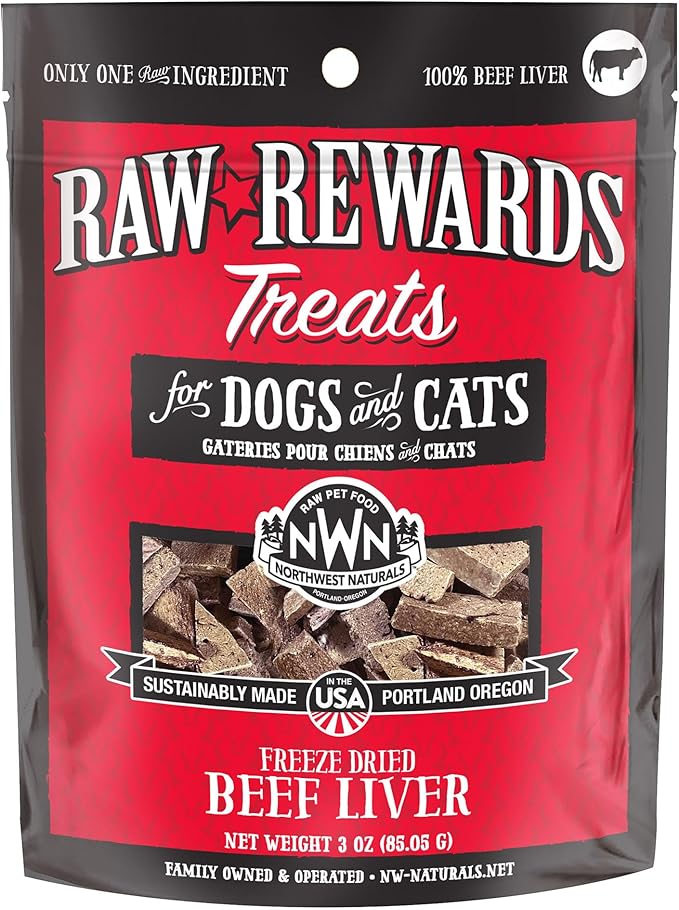 Northwest Naturals Raw Rewards Freeze-Dried Beef Liver Treats for Dogs and Cats - Bite-Sized Pieces - Healthy, 1 Ingredient, Human Grade Pet Food, All Natural, Proudly Made in USA, 3 Oz