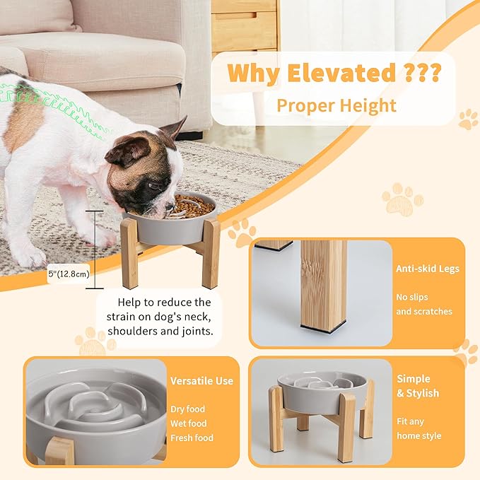 Elevated Slow Feeder Dog Bowl - Ceramic Maze Food Dish with Bamboo Stand - Raised Feeding Bowl for Fast Eaters - Ideal for Small and Medium Dogs - Grey - 6.7 inch