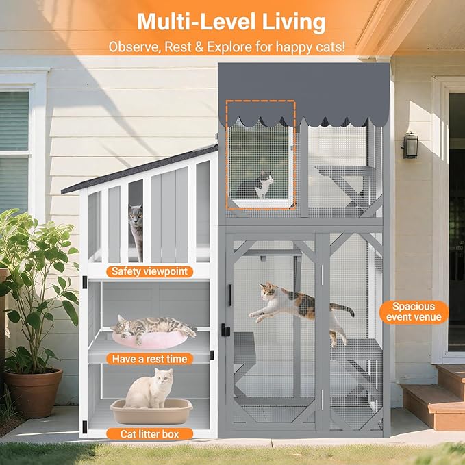 3 Tiers Catio 69" H Outdoor Cat Enclosures, Large Cat House Feral Cats Shelter with Weathproof Roof, Window Access, Unique Adjustable Two-Way Access Hole Design for Cats Outside and Inside