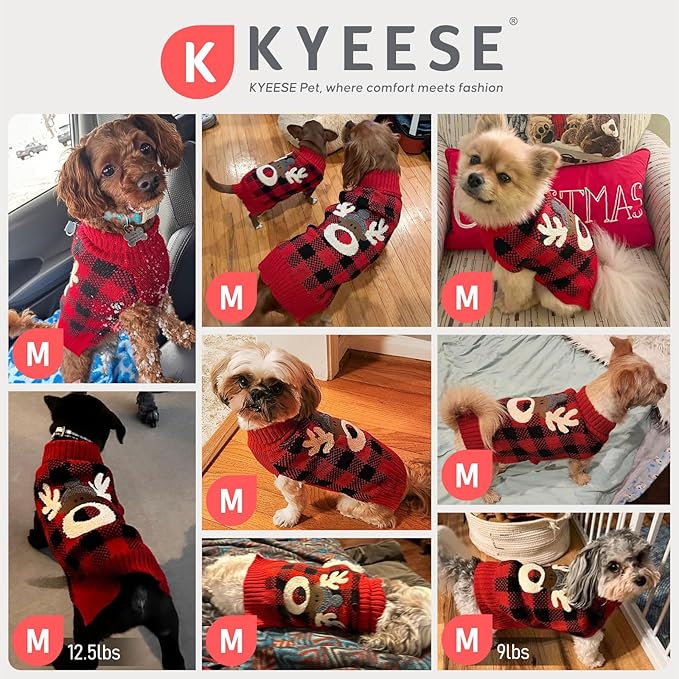 KYEESE Dog Christmas Sweater with Snowman Design, Turtleneck Dog Sweater for Small Dogs, Red Buffalo Plaid Knitwear, Cozy Winter Holiday Outfit with Leash Hole, Warm Soft Pet Clothes, Medium