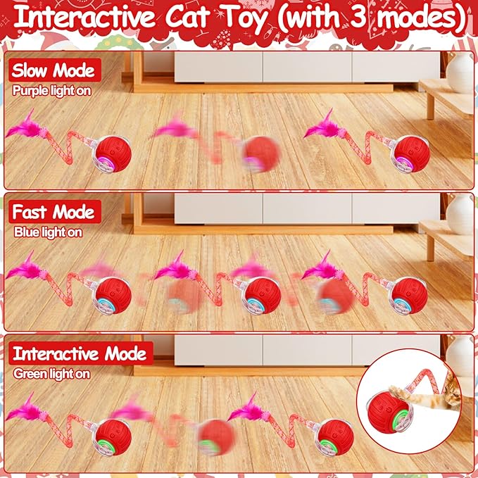Interactive Cat Toy Ball - Christmas Cat Toys for Indoor Cats with Feather Tails for Chasing, Moving Stimulation Smart Cat Toy for Enrichment, Motion Activated Automatic Rolling Toys to Keep Them Busy