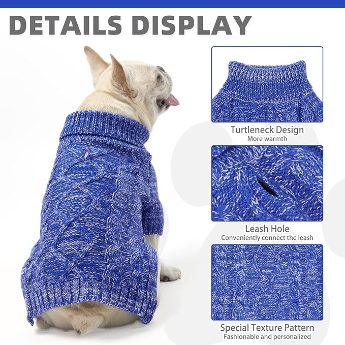 KOOLTAIL Dog Sweater for Large Medium Small Dogs, Fall Dog Sweaters, Turtleneck Cable Knitwear Pet Cold Weather Coats with Leash Hole, Warm Winter Pullover Clothes for Bulldog, Yorkie,Boy Girl,Blue SM