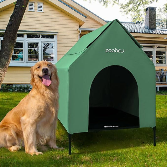 Outdoor Dog House – Weatherproof Elevated Pet Shelter, Breathable Mesh & Steel Frame, Easy to Assemble & Clean, Large Dog Houses for All Seasons (Green, Large)