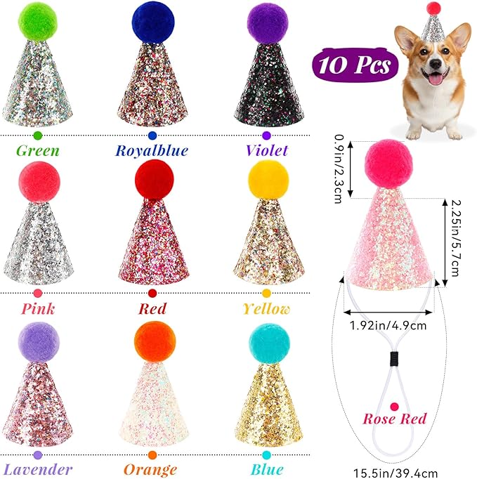 10 Pcs Mini Cat Birthday Party Hats with Pompoms Colorful Sequins, Puppy Holiday Wedding Hats, Cute Pet Costume Hat Accessories for Small Dogs Kittens Rabbits Stuffed Animals (Small, Round pom-pom)