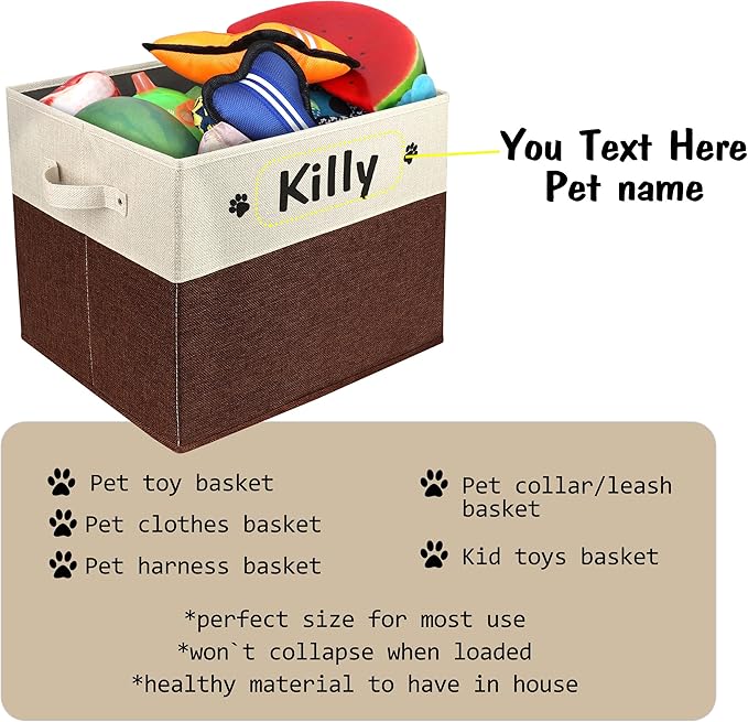 PET ARTIST Large Dog Toy Basket, Custom Toy Bin Box Personalized with Pet's Name, Collapsible Pet Storage Baksets With Handle for Toys,Blankets,Accessories- Brown