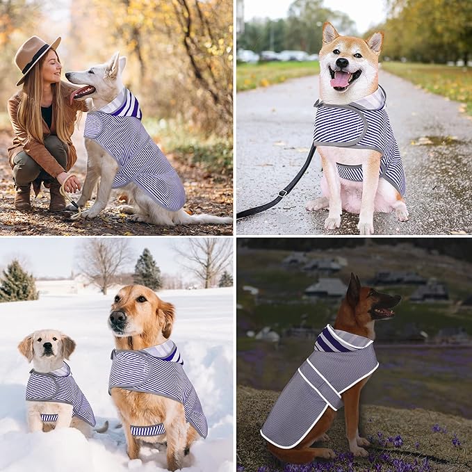 Dog Raincoat for Medium Dogs Puppies Waterproof Hooded Rain Jacket with Reflective Strips Leash Hole & Poncho Adjustable Fit (Bluestripe,M)