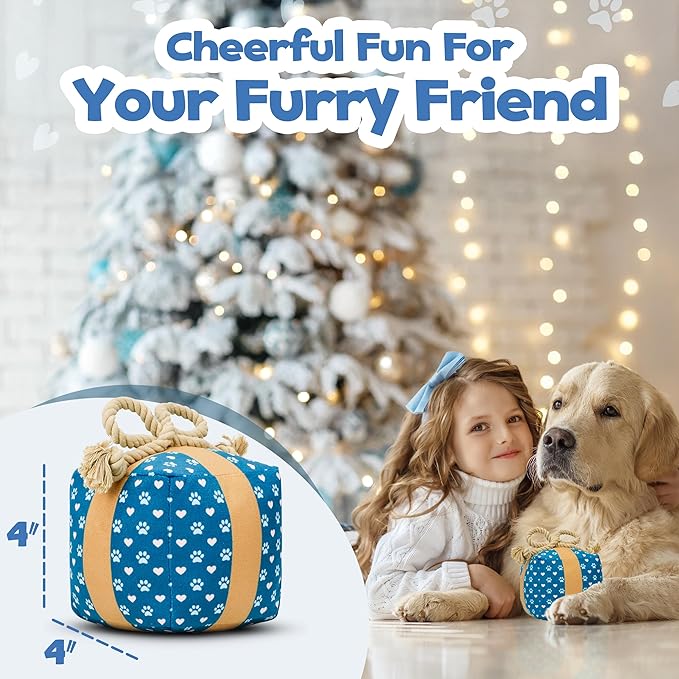 Gift Box Dog Toy – Christmas & Birthday Dog Toy, Interactive Squeaker,Rope, and Crinkles for Cute Puppy Stocking Stuffer