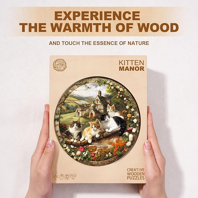 KAAYEE Wooden Puzzles for Adults, Kitten Manor Puzzles, 200 Piece Unique Animal Shape Puzzle, Cat Wood Puzzle for Adults, Creative Gifts for Cat Lover/Friends/Family, Home Decor(11.4 * 11.4in)