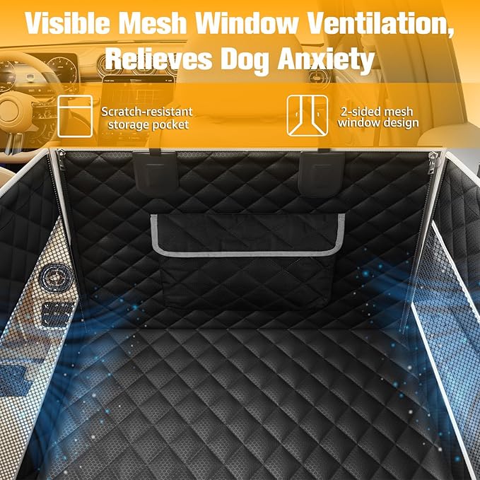 PETICON Dog Car Seat for Large Medium Dogs, One-Piece Hard Bottom Back Seat Extender for Dogs with 2 Mesh Windows, Waterproof Pet Carseat with Storage Pocket for Cars, SUVs and Trucks