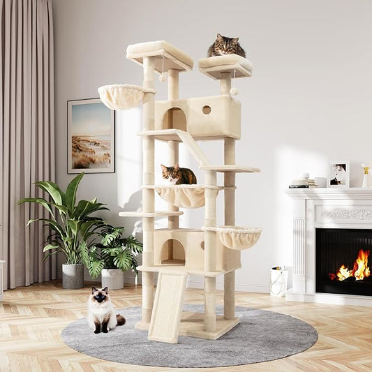 MUTICOR 81 inches Multi-Level Tall Cat Tree Tower for Indoor Kitties/Large Climbing Tree House for Big Feline/Condo/Sisal Scratching Posts/Plush Perches Platforms/Basket Hammock/Beige