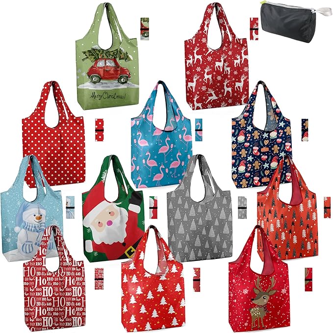 BeeGreen Christmas Reusable Shopping Bags 12 Pack with Zipper Storage Pouch Christmas Gifts Grocery Bags Bulk with Elastic Band 50LBS X-Large Foldable Machine Washable Santa Deer Snowman