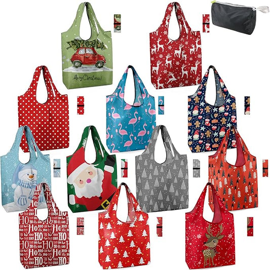 BeeGreen Christmas Reusable Shopping Bags 12 Pack with Zipper Storage Pouch Christmas Gifts Grocery Bags Bulk with Elastic Band 50LBS X-Large Foldable Machine Washable Santa Deer Snowman