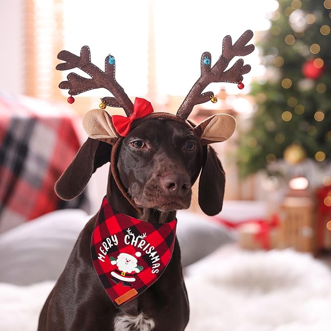 ADOGGYGO Christmas Dog Bandanas, Red Green Plaid Pet Scarf, Premium Cotton Fabric, Xmas Santa Snowman Christmas Bandanas for Medium Large Dogs Pets (Large)