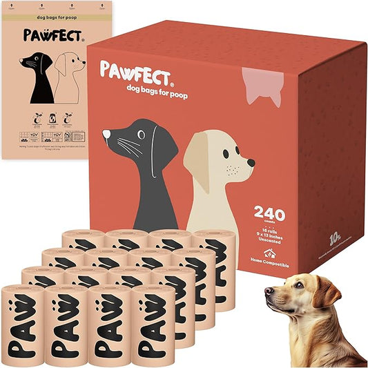 Pawfect Dog Poop Bags Rolls – Home Compostable Doggie Bags, Compostable Dog Waste Bags, BPI Certified Pet Waste Bags, Unscented, Large, Puppy Poo, Earth Friendly, Bolsas de Basura (240 Counts)
