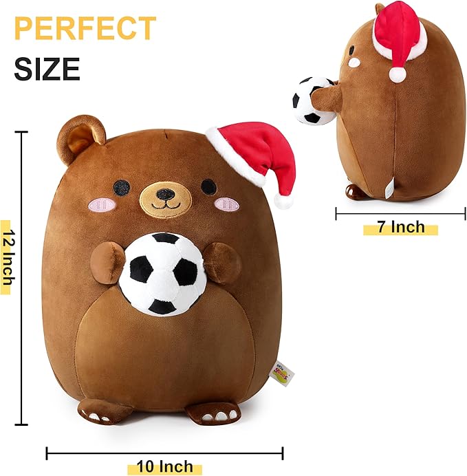 Onsoyours Original Christmas Bear Plush with Soccer Ball Santa Hat, Cute 12 inch Sport Brown Bear Stuffed Animal, Ultra Soft Hugging Xmas Gift Plush Toy for Kids & Adults