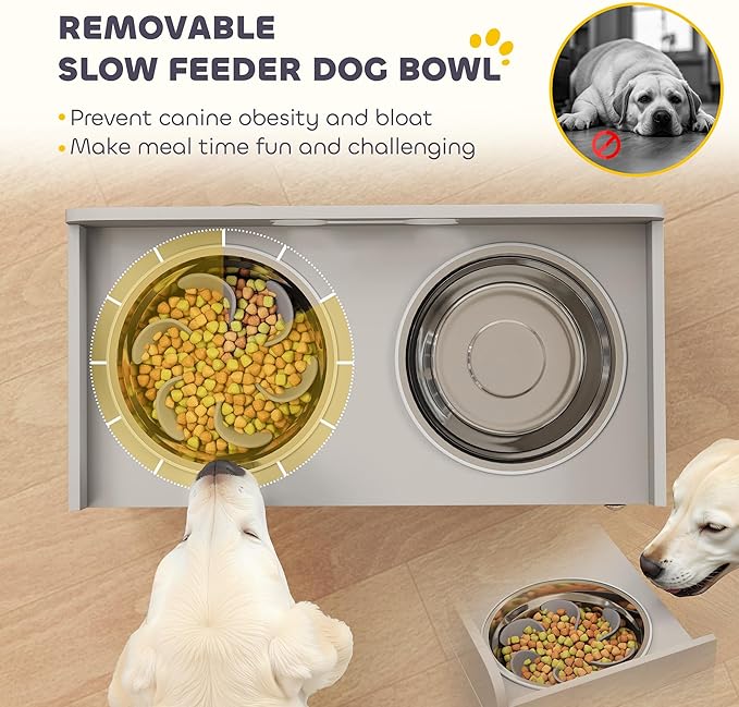 PawHut Elevated Dog Bowls with Storage, Raised Dog Bowl Stand with 2 Stainless Steel Food Dishes and Slow Feeder, Pet Feeding Station for Large Breeds, Gray