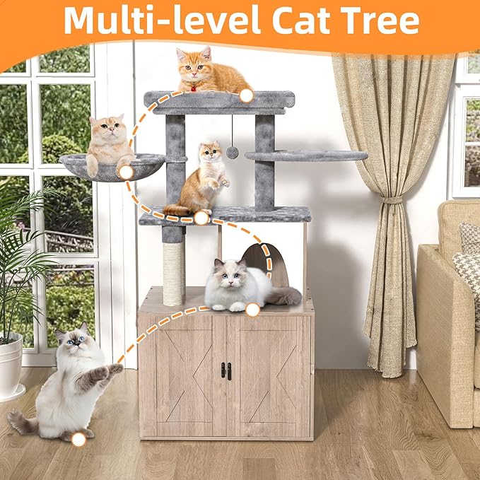Litter Box Enclosure with Cat Tree,Cat Tree with Litter Box Enclosure,Hidden Pet Washroom Furniture with Sisal Scratching Post,Hammocks,Condo,Multiple Platform,Soft Plush Perch, Grey