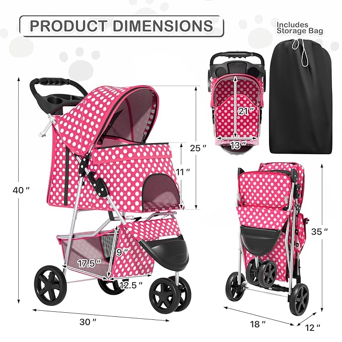 MoNiBloom 3 Wheels Pet Dog Cat Stroller for Small Medium Dogs Cats, Foldable Jogger Stroller w/Storage Basket and Cup Holder, Hot Pink Polka Dots