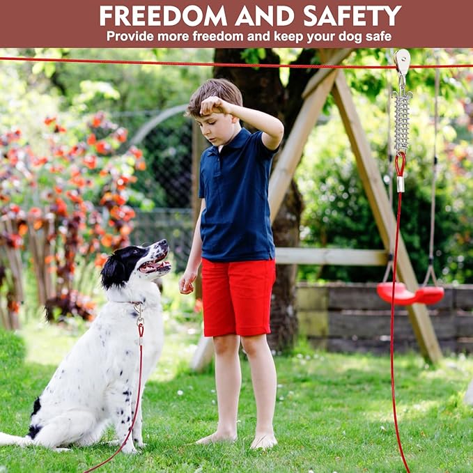 150FT Dog Runner for Yard with 15FT Tie Out Cable - Heavy Duty Trolley System for Large Dogs Up to 250LBS, Backyard/Park/Camping Use (Red, 150FT+15FT)