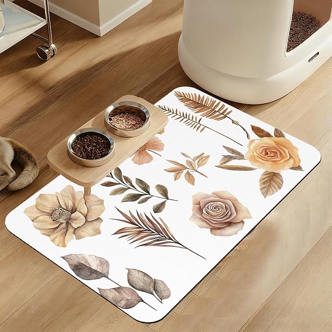 Floral Palm Leaves Dog Cat Food Mat–Absorbent Waterproof Placemat for Food and Water Bowls, Non Slip Rubber Backing, Feeding Mat for Clean Floors 16"x24"