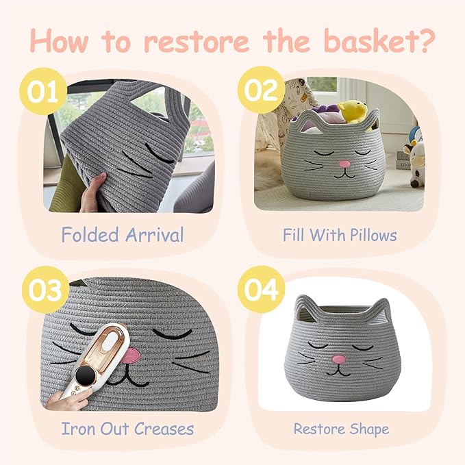 OMERAI Animal Baskets Cotton Rope Storage Basket Woven Toy Basket Large Basket for Blankets Cute Cat Toy Box with Handles Foldable Animal Laundry Basket Nursery Organizer, 15"D x 12.6"H